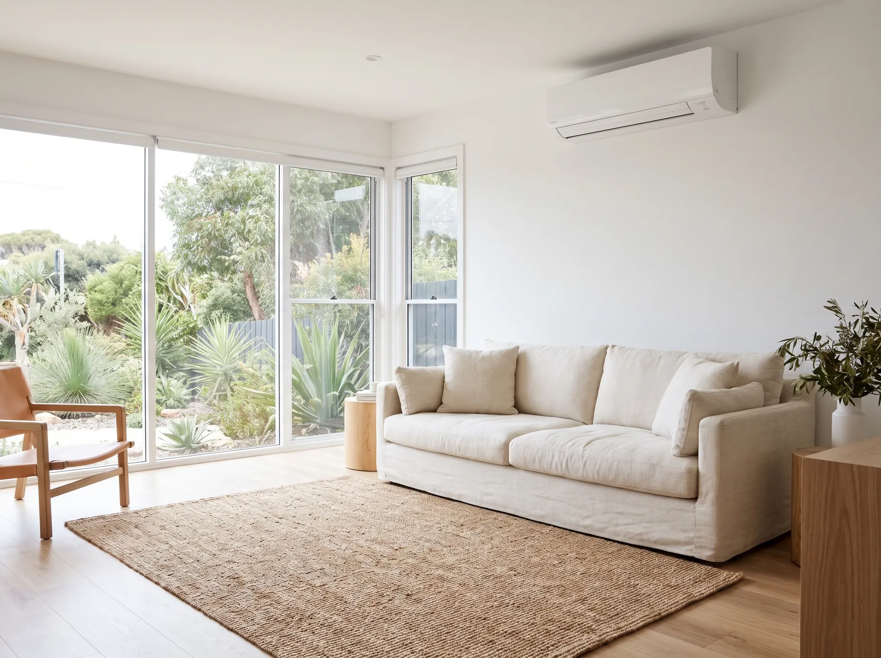 Split-system indoor unit on a living-room wall