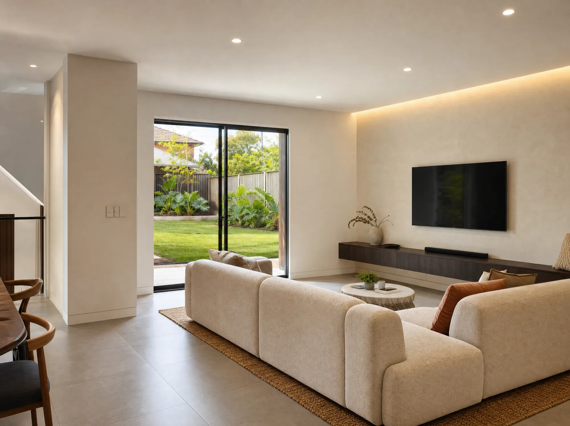 Modern living room with warm LED lighting