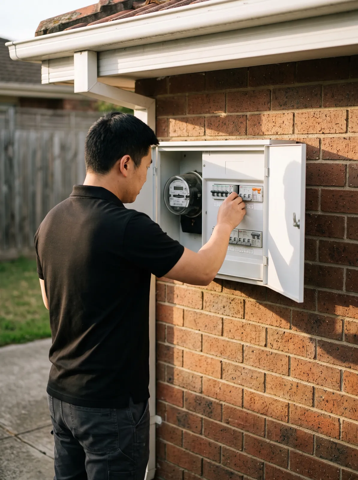 Electrician inspecting an outdoor residential switchboard